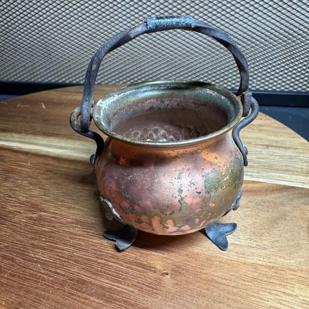 Vintage Hammered Copper Miniature Cauldron Pot with Handle and Feet Patina Mini